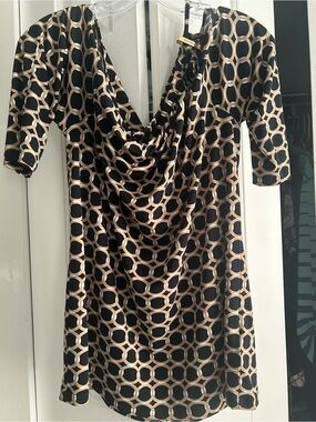 Michael Kors Black and Beige Geometric Cowl Neck Blouse